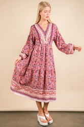 VERY J Floral Printed Boho V-Neck Balloon Sleeve Dress OutfitFlow